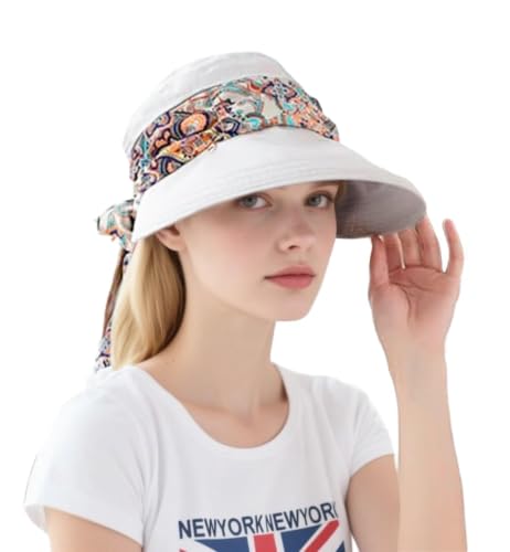 Women Wide Brim Sun Hat Multifunctional Beach Hat Foldable Sun Visor with Removable Neck Flap Bowknot - color: Beige