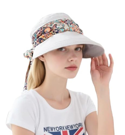 Women Wide Brim Sun Hat Multifunctional Beach Hat Foldable Sun Visor with Removable Neck Flap Bowknot - color: Beige