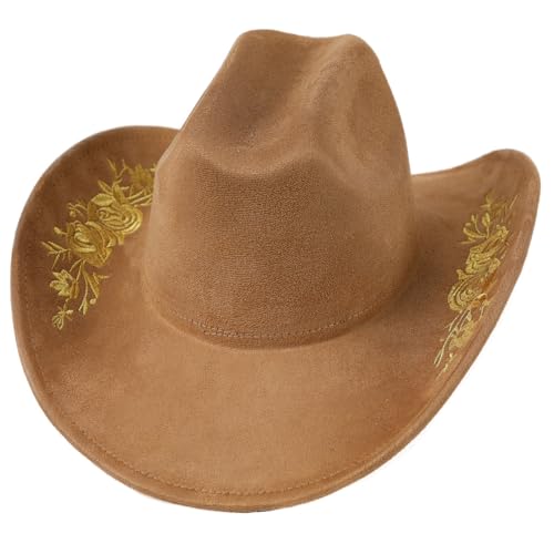 Felt Hats for Cowboys and Cowgirl Unisex Classic Rolled up Caps Yellow Embroidery with Chin Strap - color: Camel