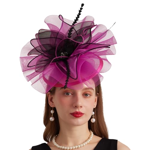 Women Organza Church Derby Hat Wide Brim Sun Caps for Wedding Tea Party Hat with Detachable hat Flower as Headgear - color: 10-rose Red