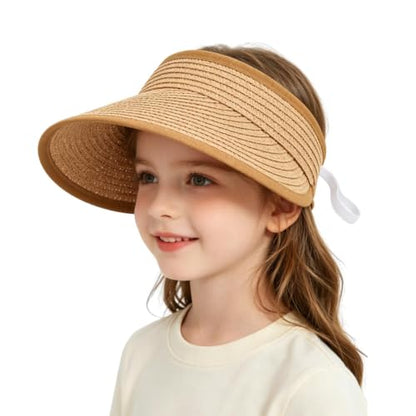 Straw Sun Visor Hat for Girls Boys Foldable Beach Hat for Kids Summer Travel Outdoor Khaki
