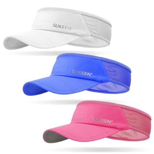 Sukeen 3 Pack Sports Sun Visor Men Women Lightweight Packable Cooling Stretchy Visor Hat for Running, Tennis, Golf - color: White/Blue/Rose Red