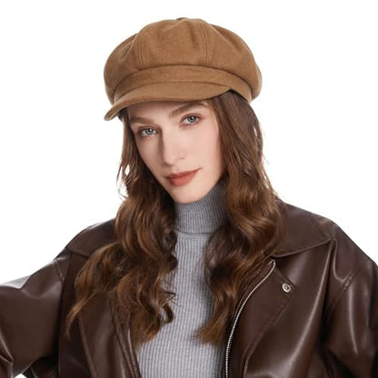 ZLYC Women Classic Newsboy Cap Visor 8 Panel Gatsby Cabbie Paperboy Hat - color: Camel