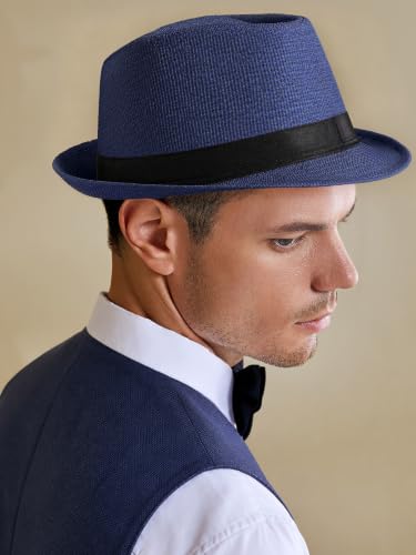 BABEYOND Men's 1920s Short Brim Trilby Fedora Hat - color: U-navy Blue