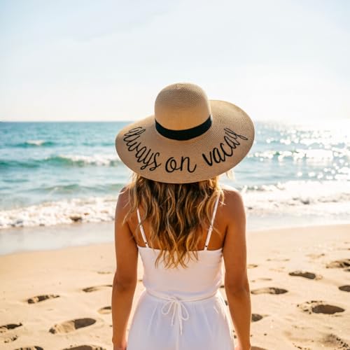DRESHOW Big Straw Sun Hats for Women Floppy Foldable Roll up Beach Cap Sun Hat UPF 50+ Vacation Honeymoon Embroidered Hat - color: Ae Always on Vacay: Khakiv