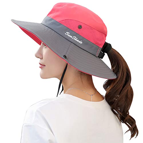Muryobao Women's Ponytail Sun Hat UV Protection Foldable Mesh Wide Brim Beach Fishing Hat - color: Watermelon Red