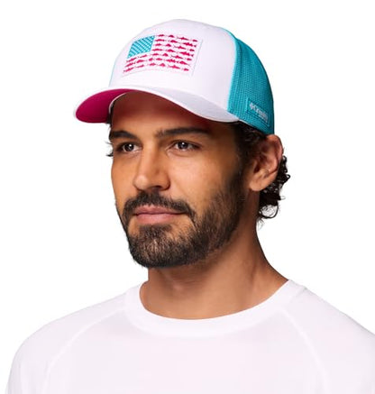 Columbia Unisex PFG Logo Mesh Ball Cap - color: White/Guava Pink/Fish Flag, size: XX-Large