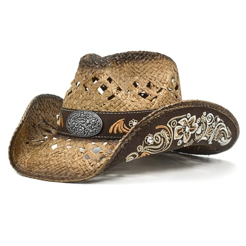 FLUFFY SENSE. Cowboy Hats for Women and Men Straw Western Hat Embroidered Cowboy Hat for Cowboys and Cowgirls - color: Brunette, size: Medium-Large