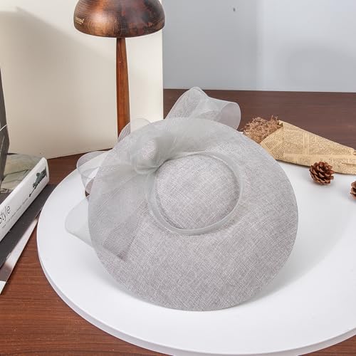 Elegant Wide Brim Fascinator Hat for Women, Detachable Headband & Clip - color: Gray