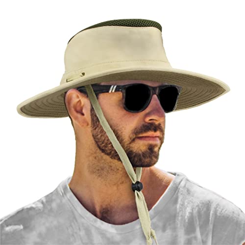 SUN CUBE Wide Brim Sun Hat for Men Women UPF 50+ UV Protection Safari Boonie Hat with Chin Strap, Pocket, Fishing Hiking Hat - color: Tan