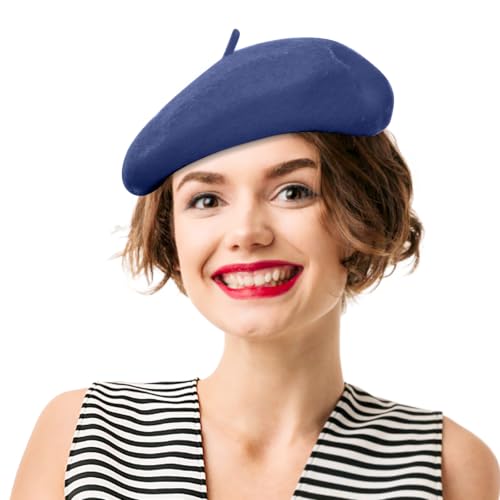 French Beret Hats for Women - Soft Warm Wool Solid Color Beanie Winter Cap - color: Navy Blue