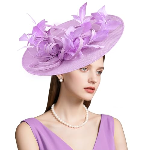 dressfan Fascinator Hats for Women,Linen Vintage Feather Headwear for Derby/Church/Wedding/Cocktail/Tea Party - color: Lilac