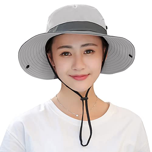 Muryobao Women's Ponytail Sun Hat UV Protection Foldable Mesh Wide Brim Beach Fishing Hat - color: Light Grey
