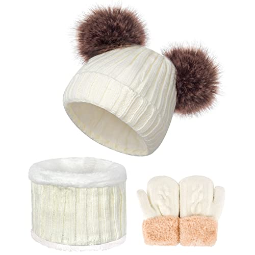 Kids Winter Beanie Scarf Gloves Set - Thermal Fleece Lined Knit Hat, Soft Neck Warmer & Mittens for Girls & Boys 1-10 Years - color: White-s, size: 1-5 years
