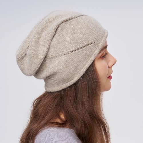 Women's Knitted Angora Wool Hat for Autumn and Winter Warm and Stylish with Rolled Brim and Slanted Rhinestones Cap - color: New-camel