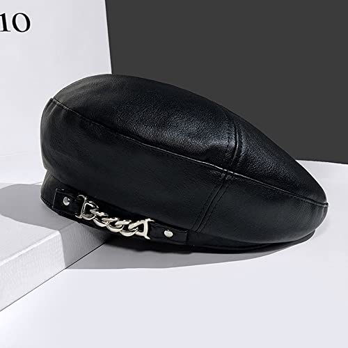 Women's PU Leather French Artist Beret Cap - color: Black