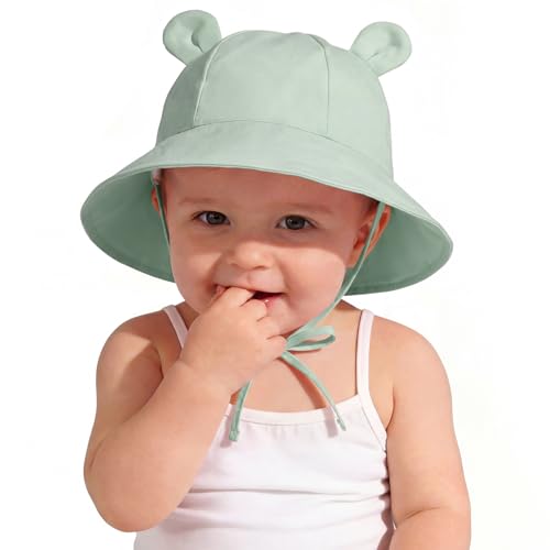 Zando Wide Brim Baby Sun Bucket Hat 0-4T UPF 50+ - Sun Protection Toddler Beach Hats with Bear Ears Infant Hat Adjustable - color: Green, size: 12-24 Months