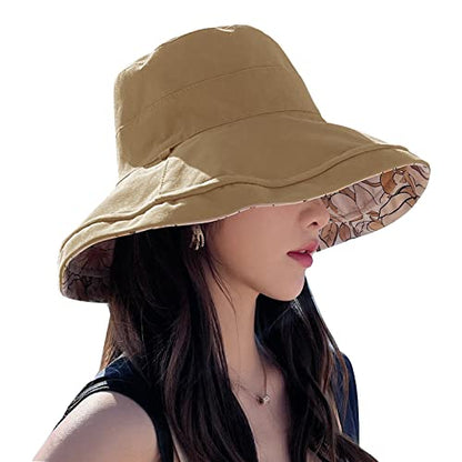 Double Side Womens Floral Wide Brim Sun Hat, UPF50+ UV Protection Reversible Bucket Hat Foldable Adjustable Brim - color: Beige