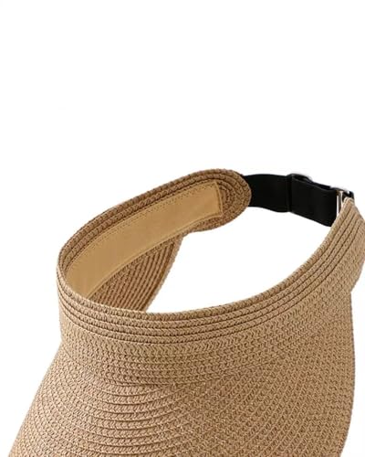 Women Foldable Straw Sun Visor, Packable Rollable Wide Brim Beach Hat, Adjustable Summer Visor for Travel Beach Golf - color: Khaki