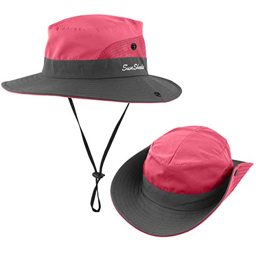 IYEBRAO Kids UV Sun Hat with Ponytail Hole UPF 50 Bucket Cap for Girls Summer Beach ＆ Fishing - color: Watermelon Red