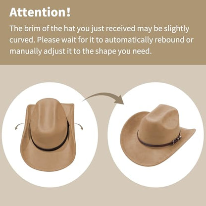 Cowboy Hats for Women and Men with Wide Brim Felt Suede Western Hats for Cowgirls and Cowboys - color: Coffeel