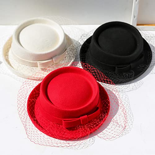 Z&X British Vintage Wool Felt Pillbox Hat Ladies Church Derby Winter Fascinator Hat Veil Flower Fedoras - color: 036 Ivory Beige