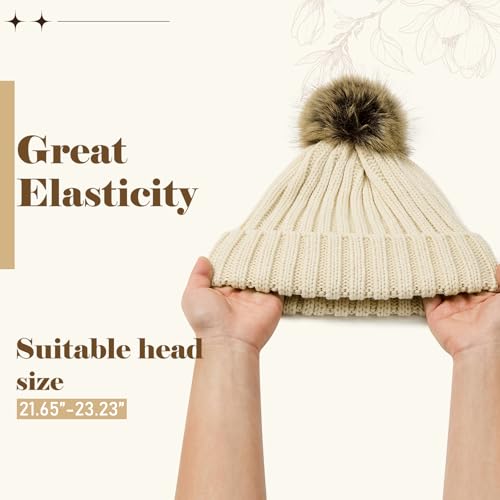Satin Lined Beanie for Women with Detachable Pom Pom, Winter Cuffed Hat - color: 06 Mix Beige