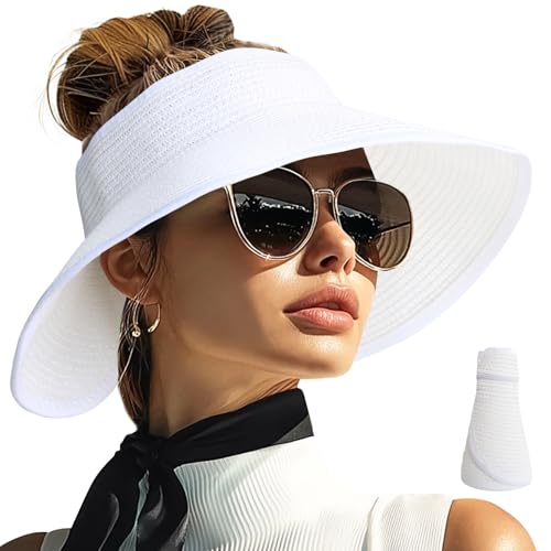PFFY Sun Visor Hats for Women Wide Brim Straw Packable Ponytail Beach Hat - color: White