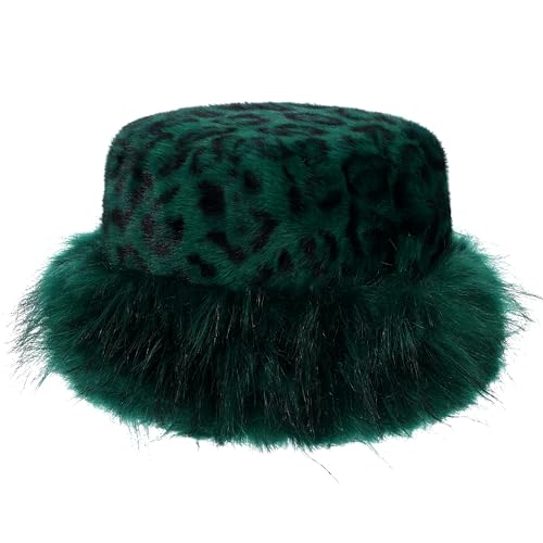 sy soul young Women's Leopard Faux Fur Hats Fluffy Bucket Hat Russian Style - color: Leopard Green