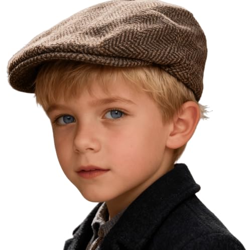 Kids Vintage-Herringbone-Tweed-Wool-Blend-Newsboy-Ivy-Hat-Flat-Beret-Hat - color: Gray Coffee