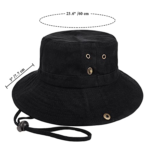 Unisex Cotton Boonie Hat Summer Fishing Bucket Hat Sun Hat with String - color: Solid Black