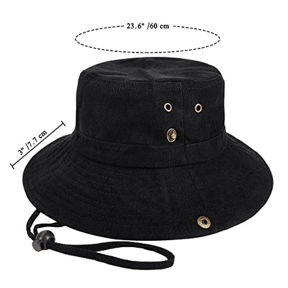 Unisex Cotton Boonie Hat Summer Fishing Bucket Hat Sun Hat with String - color: Solid Black