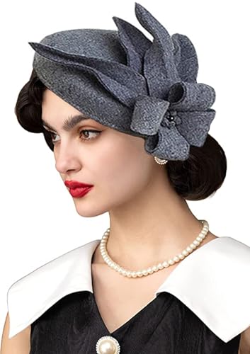 Women's Vintage 100% Wool Felt Cloche Bucket Bowler Hat Winter Vintage Bow Fedoras Church Fascinator - color: 10-grey