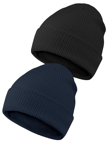 2 Packs Unisex Cotton Beanie Hats Winter Soft Warm Slouchy Knit Beanies Cuffed Skull Cap for Men Women - color: Black, Navy