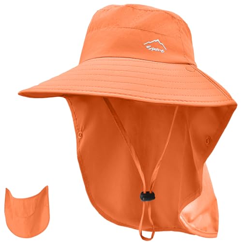 Rosoz Sun Hat for Men Women with Neck Flap& Removable Face Cover Wide Brim - color: 1pack-orange
