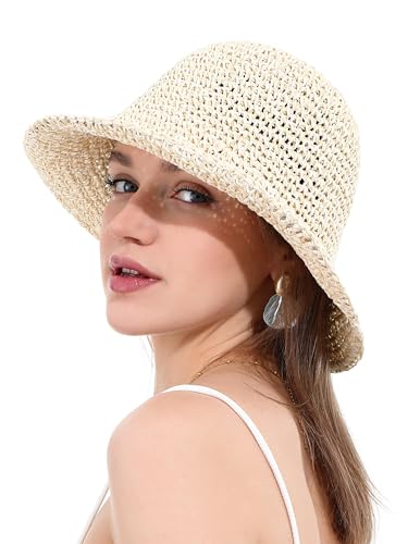 sy soul young Women's Straw Sunhat Wide Brim Hand Woven Beach Bucket Hat - color: Beige & Khaki