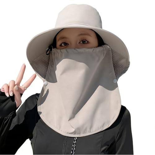 UPF 50+ 3-in-1 Sun Hat for Women, Wide Brim UV Protection Visor Hat with Detachable Neck Flap & Face Cover - color: Light Gray