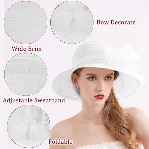 Women's Kentucky Derby Church Dress Hat Wide Brim Leaf Flower Bridal Shower Hat - color: 01 White