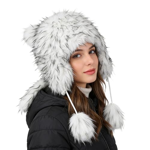 Raccoon Tail Parent-Child Plush Hat Warm Faux Fur Animal Hat with Tail - color: Adult Style-white
