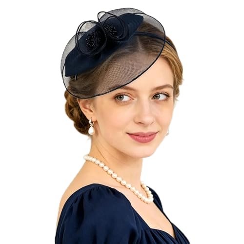 Fascinator Hat for Women Vintage Derby Hat Tea Party & Church Headpiece with Headband and Clip - color: Navy Blue