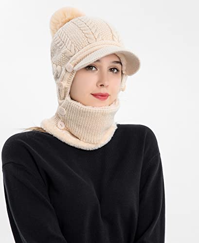 HUAMULAN Women Cable Knit Balaclavas Winter Fleece Lined Beanie Hat - color: Beige With Pompom