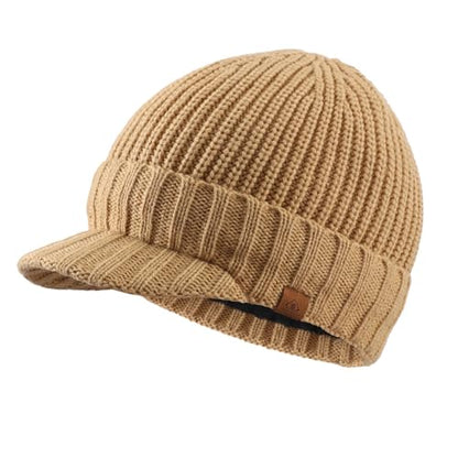 Home Prefer Men's Winter Hat Thick Knit Beanie Cap with Visor Newsboy Beanie Hat - color: Khaki Apricot