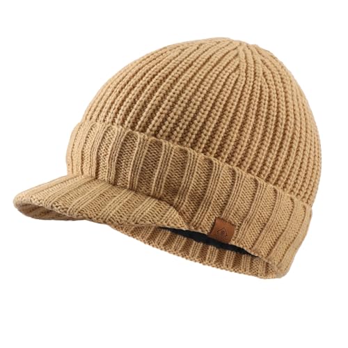 Home Prefer Men's Winter Hat Thick Knit Beanie Cap with Visor Newsboy Beanie Hat - color: Khaki Apricot