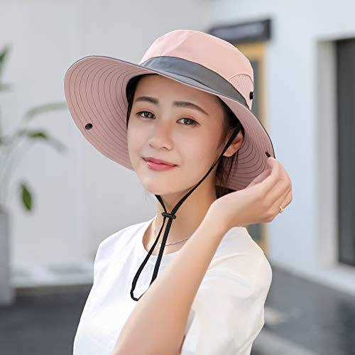Womens Sun-Hat Outdoor Protection Foldable Beach-Bucket-Hat Ponytail-Hole - color: Pink