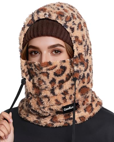 Ski Mask Fleece Balaclava, Winter Face Mask Windproof Neck Cover Warmer Hat Hood for Men Women - color: Leopard Print
