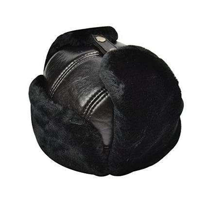Trapper Hat Winter Hunter Ushanka Ear Flaps Sport Leather Black Hat - size: Medium