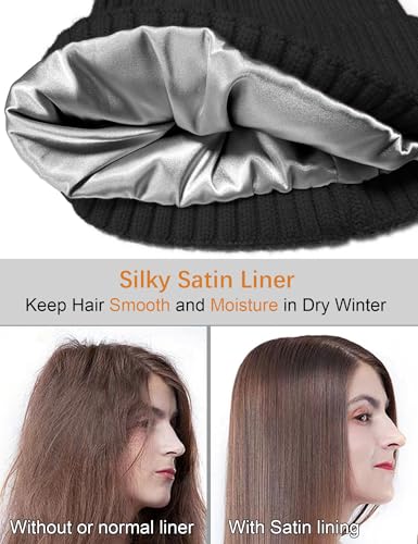 Satin Lined Wool Acrylic Blend Beanie Hat Women Men, Winter Knit Cap - color: 1-black