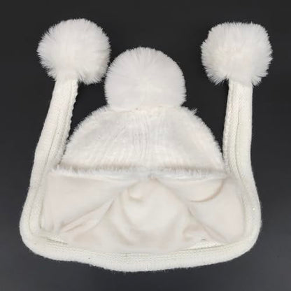 HUAMULAN Women Winter Sherpa Knit Beanie Hats with Pom Poms Ear Flaps - color: Xz3123-baise