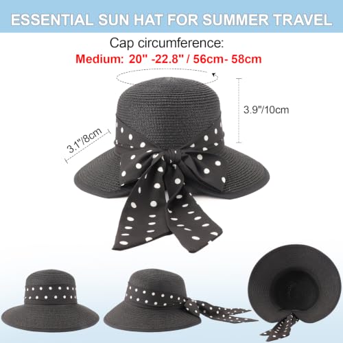 DRESHOW Sun Hats for Women Travel Fedora Foldable Beach Sun Hat Summer Wide Brim Straw Bucket Hat with Bowknot UPF 50+ - color: 1 Pack Bowknot Straw Hat: Black (Black Polka Dot Band)
