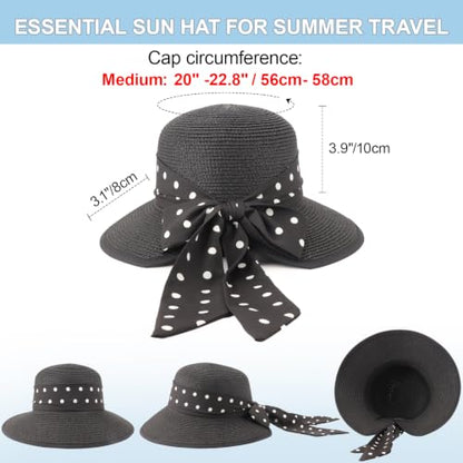 DRESHOW Sun Hats for Women Travel Fedora Foldable Beach Sun Hat Summer Wide Brim Straw Bucket Hat with Bowknot UPF 50+ - color: 1 Pack Bowknot Straw Hat: Black (Black Polka Dot Band)